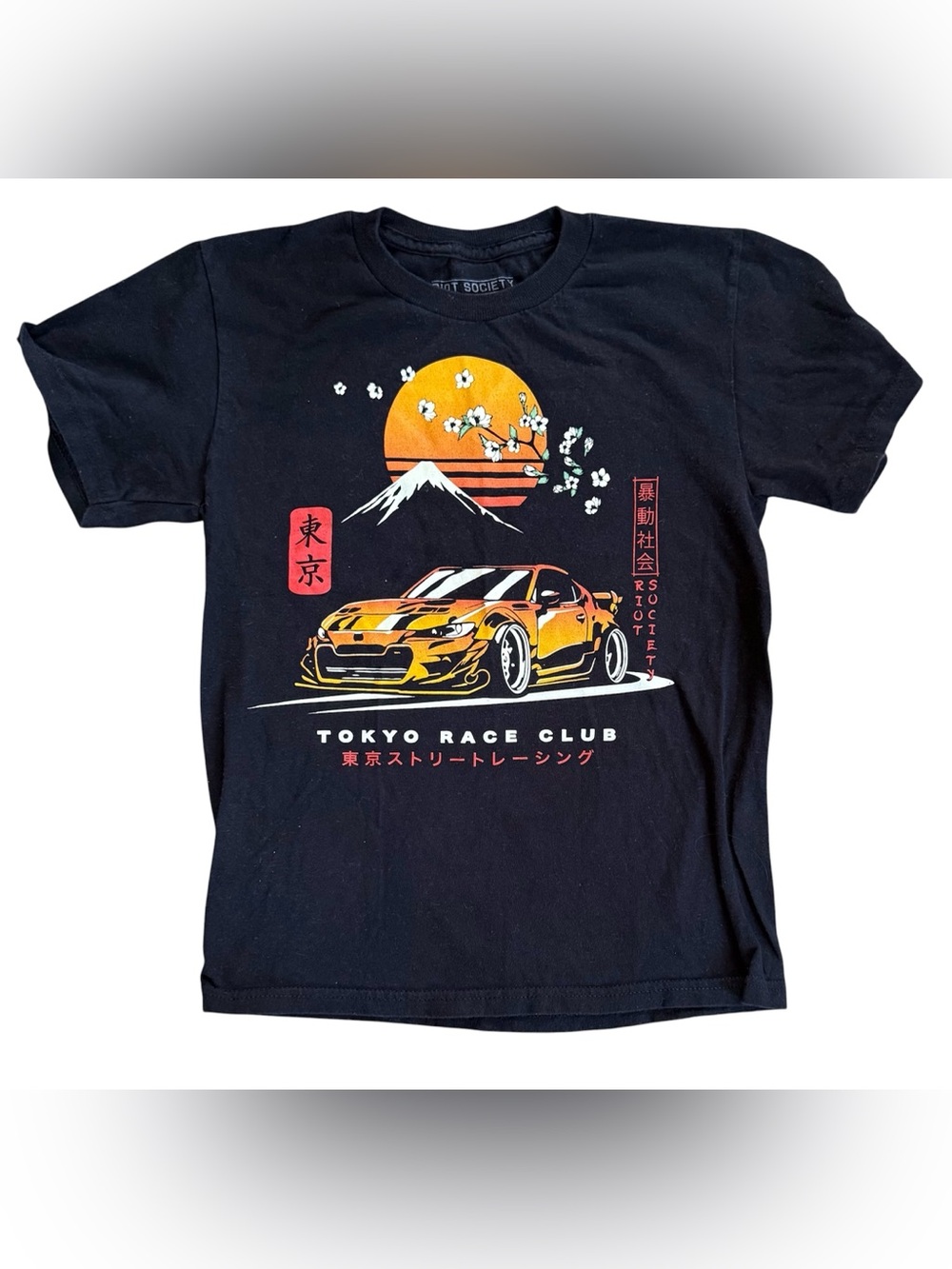riot society Black Tee with Yellow and Orange Race Car Graphic